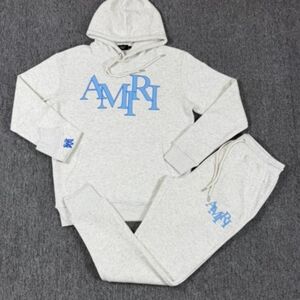 AMIRI Light Gray Hoodie and Sweatpants with Blue Logo